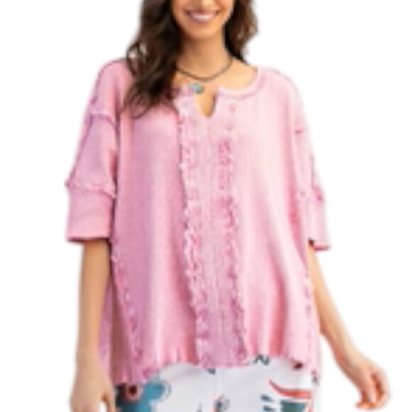 Easel Women's Boho Textured Rib Knit‎ Distressed Oversized Thermal Top Pink sz M
